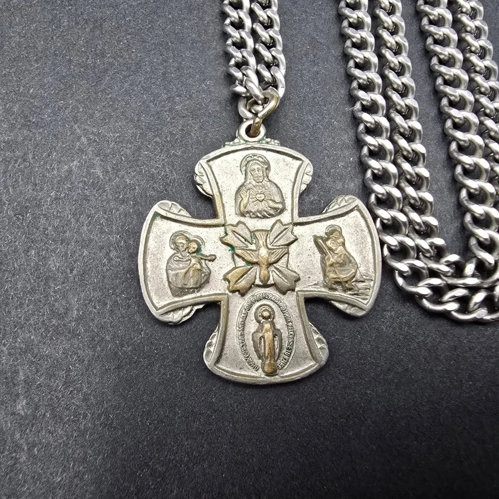Vintage Catholic 4-Way Cross Necklace I Am A Catholic Call A Priest Pendant 36in